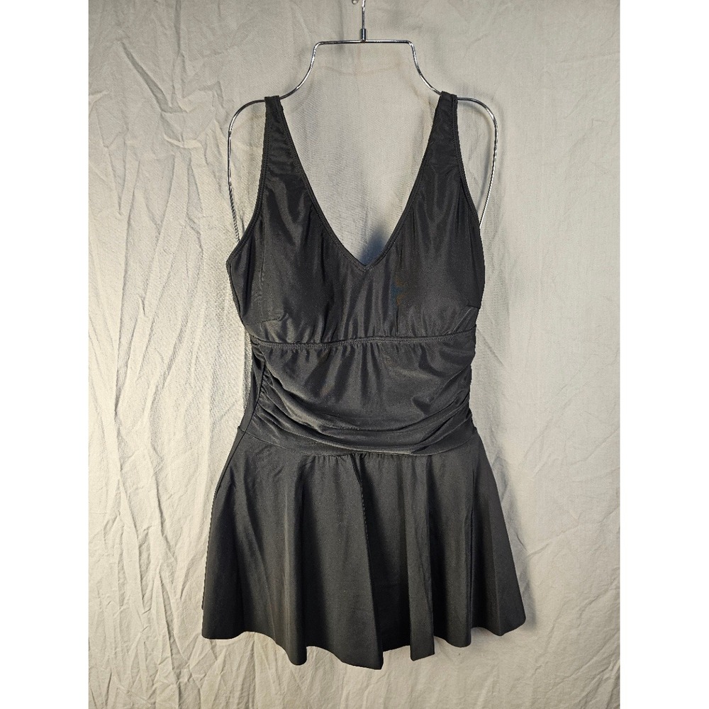 Yonique Black Swim Dress V-Neck Ruched One Piece Swimsuit Womens Small NWT